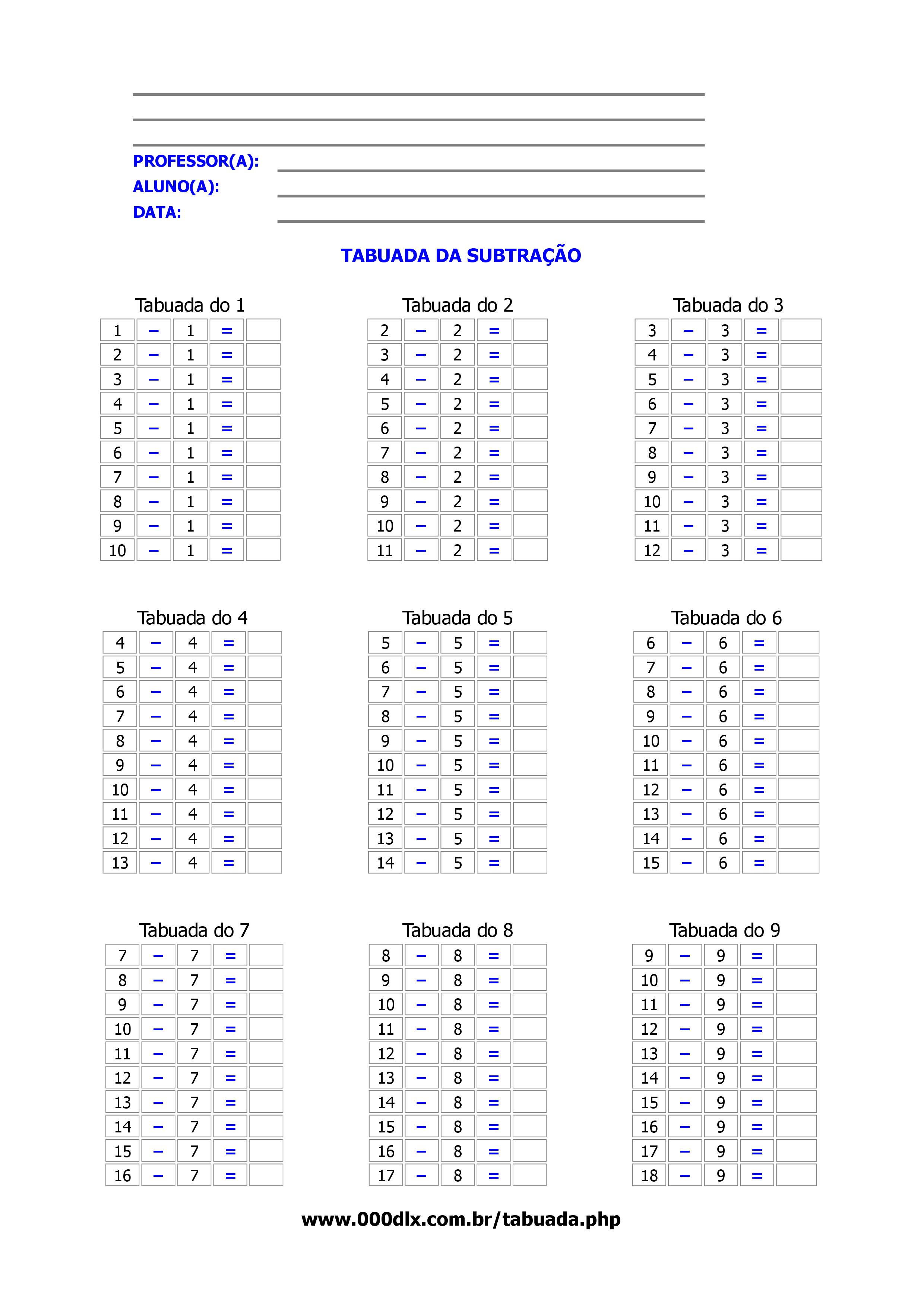 Conjunto de tabuadas de multiplicação para praticar de 1 a 10 tabuada sem  respostas