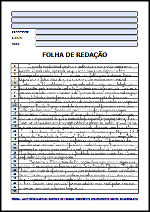 Exemplo de reda&ccedil;&atilde;o dissertativa argumentativa: Eterno Estudante - Folha de Reda&ccedil;&atilde;o 03