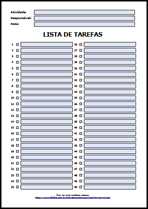 Lista de Tarefas para Imprimir em A4 - 50 Tarefas - PDF