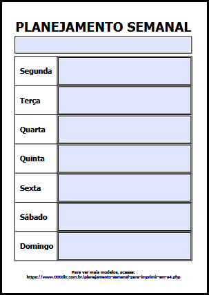 Planejamento Semanal para Imprimir em A4 - Retrato - 10pt - PDF